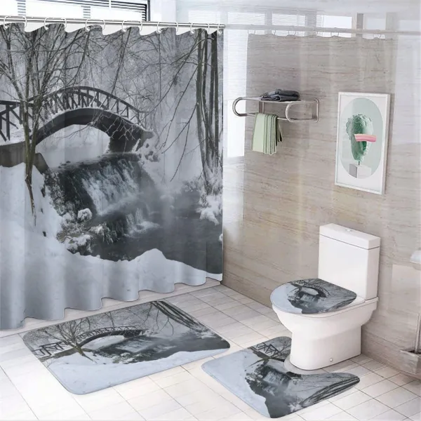 Wooden Bridge Cold River on a shower curtain