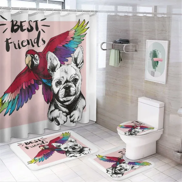 Bulldog Parrot Friends on a shower curtain