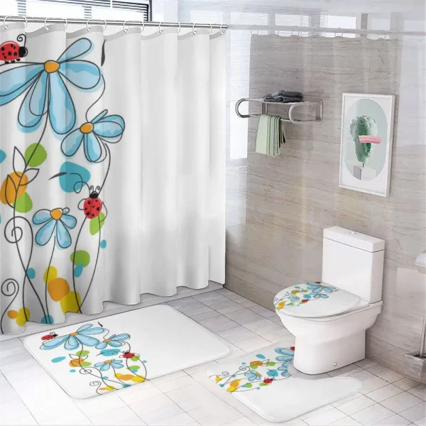 Cartoon Ladybugs Flowers on a shower curtain