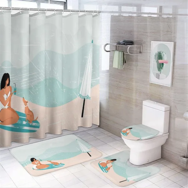 Girl and Dog at Coast on a shower curtain
