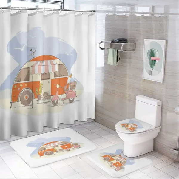 Parked Truck Puppy and Motorbike on a shower curtain