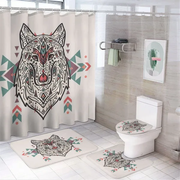 Big Wolf Head Ornaments on a shower curtain