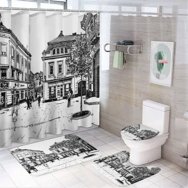 Retro Street Sketch Art on a shower curtain