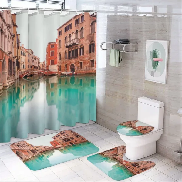 Water Canal Bridge Boat on a shower curtain