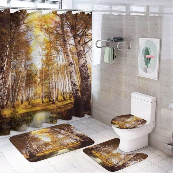 Autumn Birch Trees River on a shower curtain
