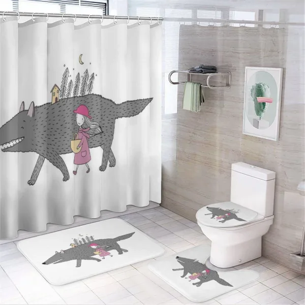 Girl with a Giant Wolf on a shower curtain