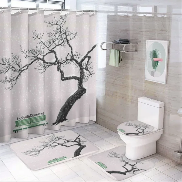 Retro Bench and Tree on a shower curtain