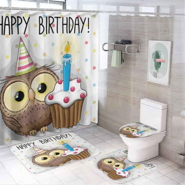 Baby Owl Party Cake on a shower curtain