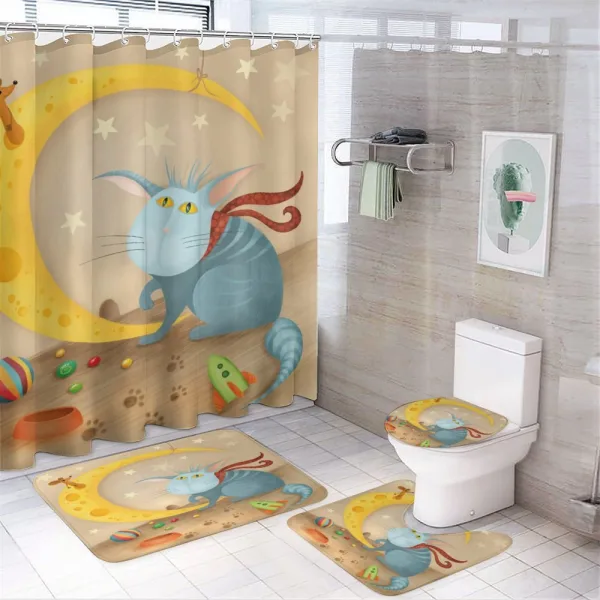 Cat Mouse Crescent Moon on a shower curtain