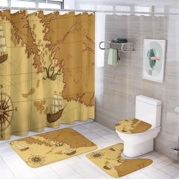 Old Map with Ship Compass on a shower curtain