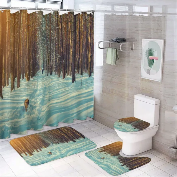 Skier Running Dog Forest on a shower curtain