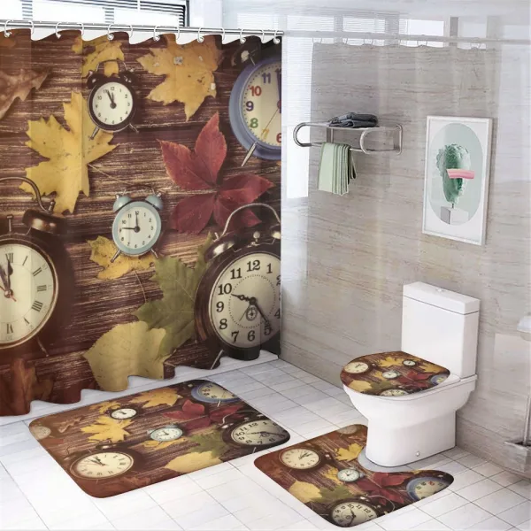 Clocks with Dry Leaves on a shower curtain