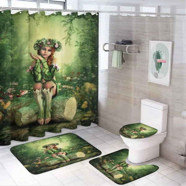 Elf Girl with Wreath Tree on a shower curtain