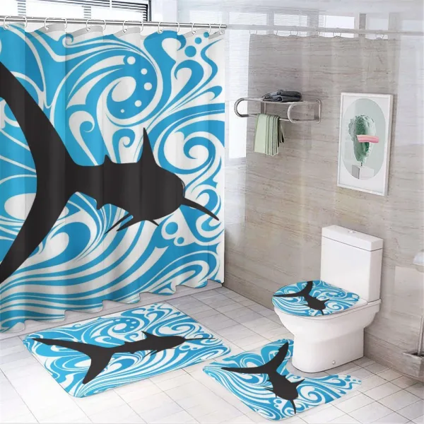 Swirling Waves and a Big Fish on a shower curtain