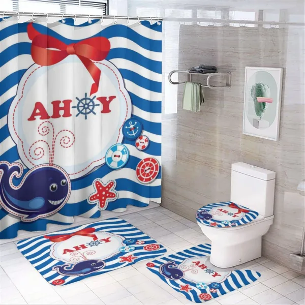 Marine Ahoy Cartoon Whale on a shower curtain