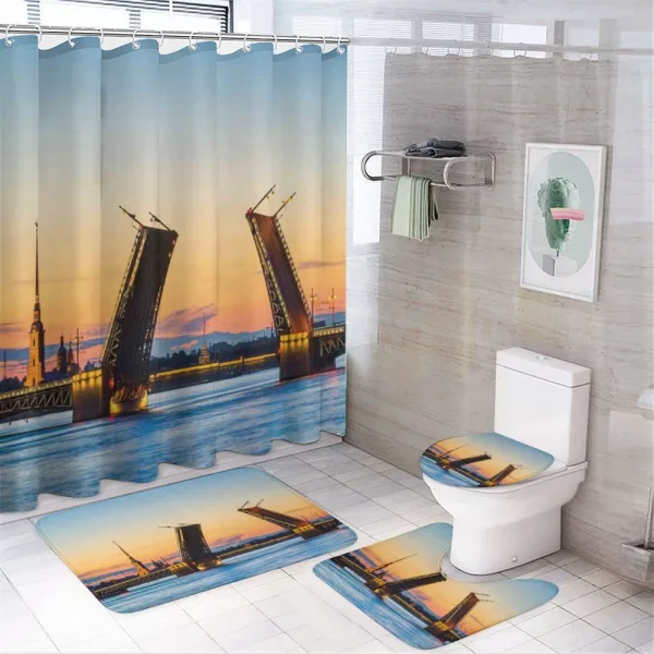 Bridge Seascape Sunset on a shower curtain