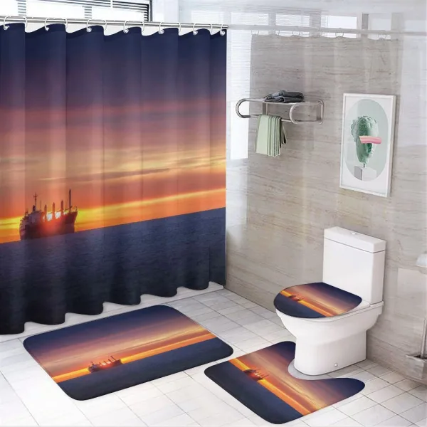 Sunrise over Sea Ship on a shower curtain