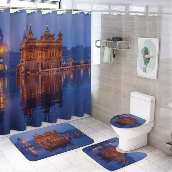 Golden Yellow Building Night on a shower curtain