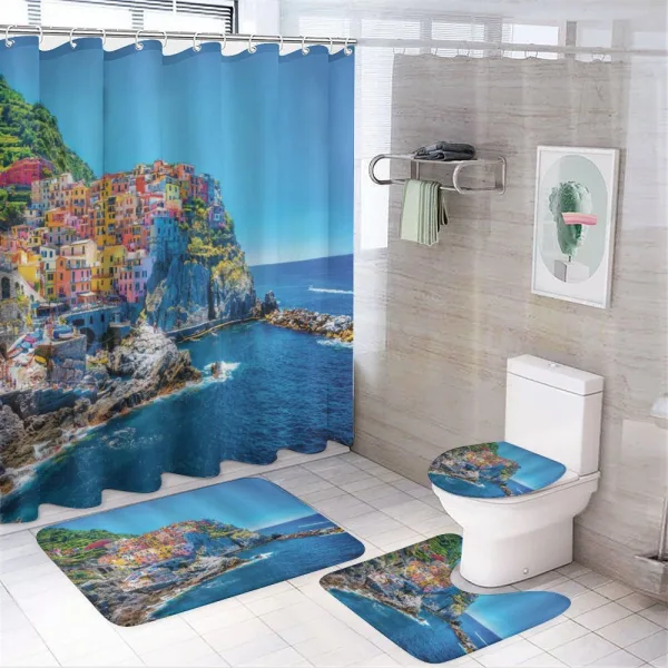 Colorful Houses on Hill on a shower curtain