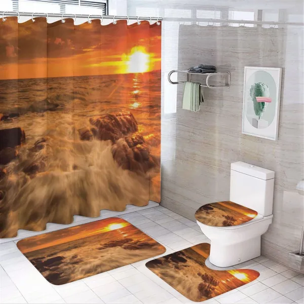 Ocean with Rocks at Sunset on a shower curtain
