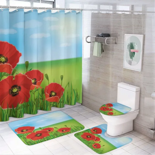 Sunny Day Red Blossoms on a shower curtain