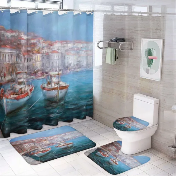 Fishing Boats on Shore on a shower curtain