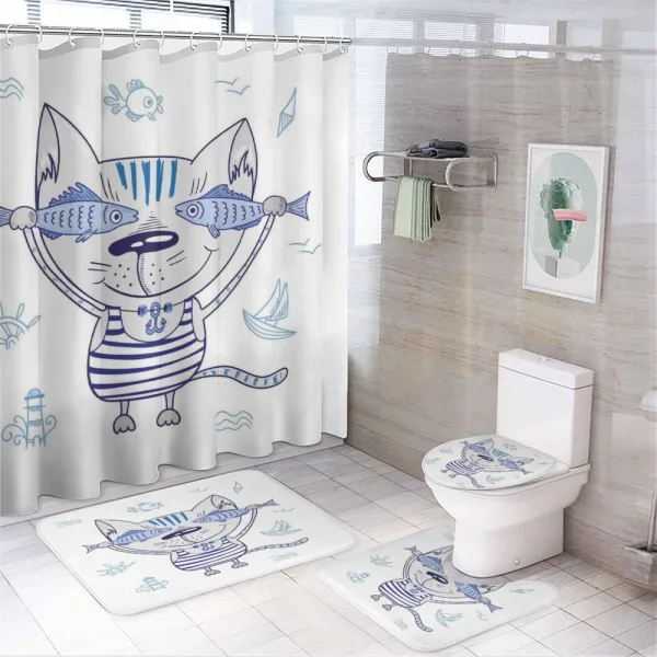 Kitty Holding Fishes on a shower curtain