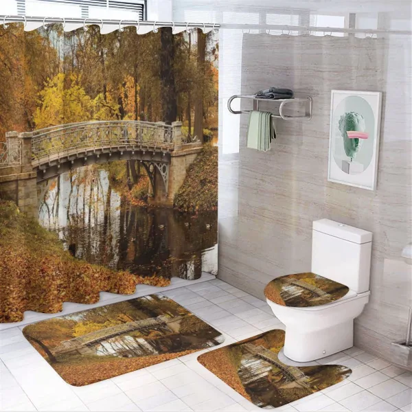 Old Bridge in Fall Forest on a shower curtain