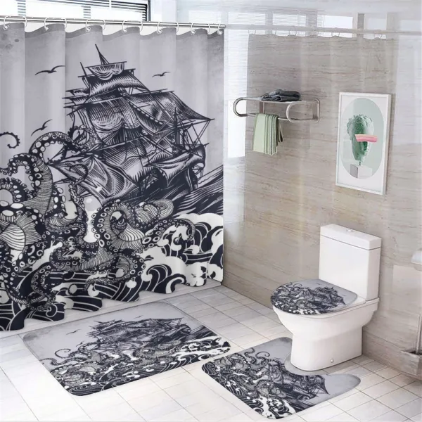 Octopus and Ship in Storm on a shower curtain