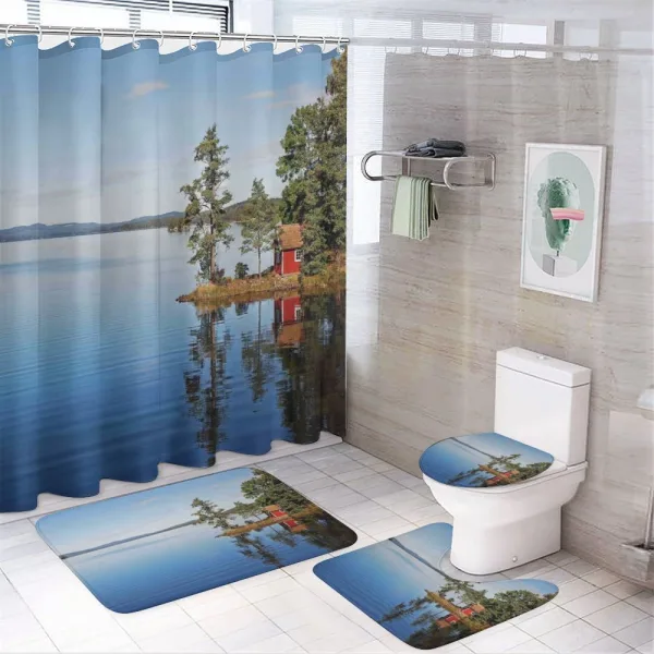 Country Lake House on a shower curtain