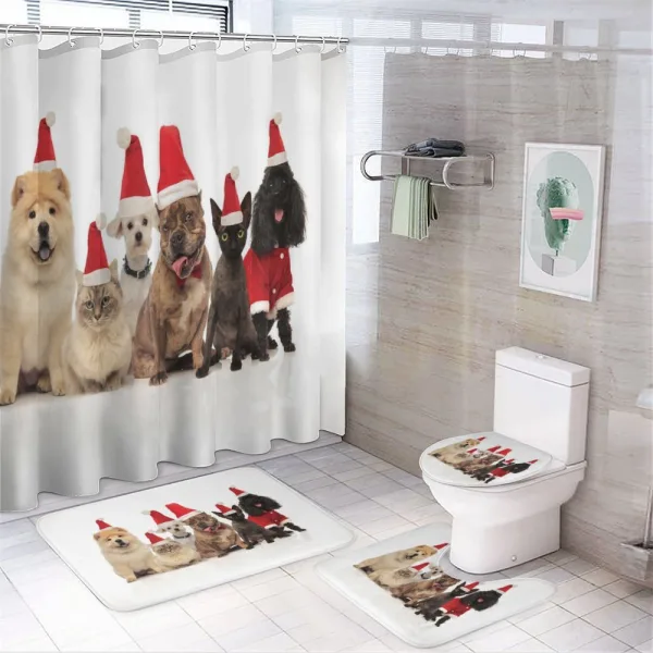 Team of Pets Panting on a shower curtain