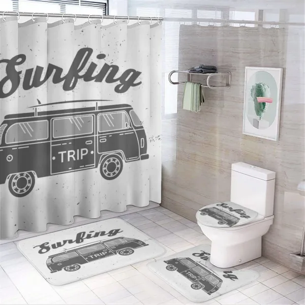 Vintage Van and Surfing Words on a shower curtain