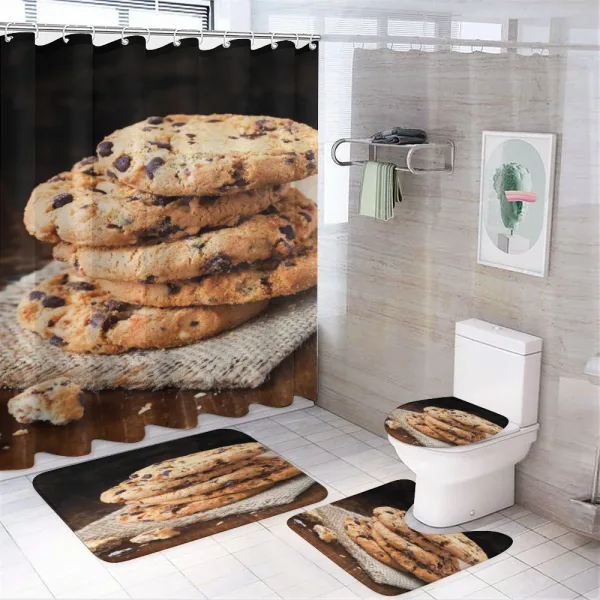 Stacks of Bites on a Table on a shower curtain