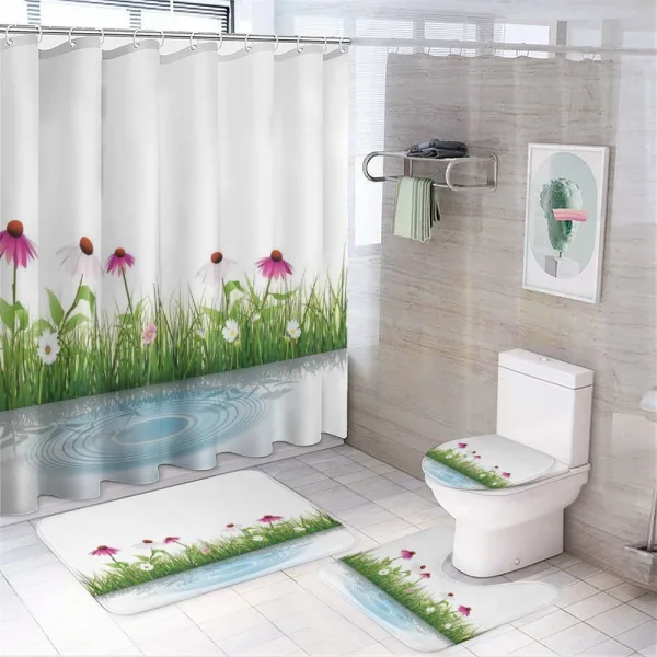 Cartoon Flowers by Lake on a shower curtain