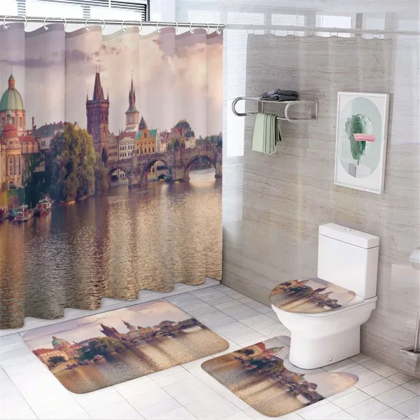 Prague River and Bridge on a shower curtain