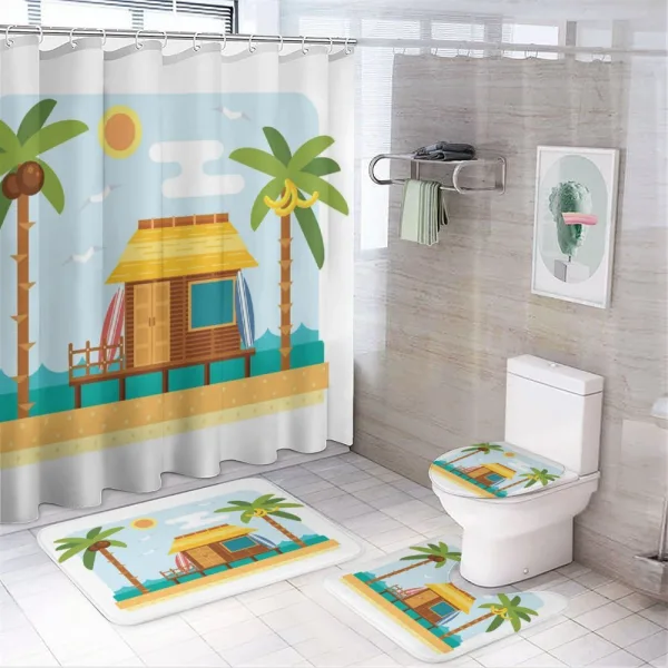 Bungalow on a Beach Surfboards on a shower curtain