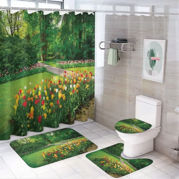 Garden with Tulips Trees on a shower curtain