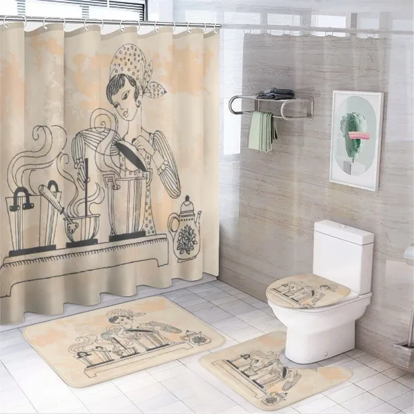 Housewife Cooking on a shower curtain