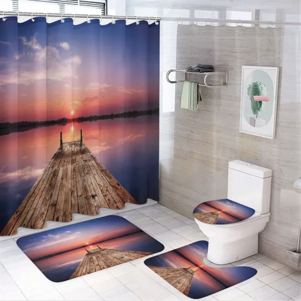 Panoramic Lake Old Pier Sunset on a shower curtain