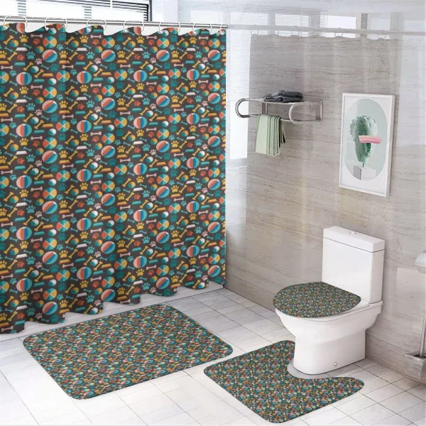 Puppy Food Traces and Toys on a shower curtain