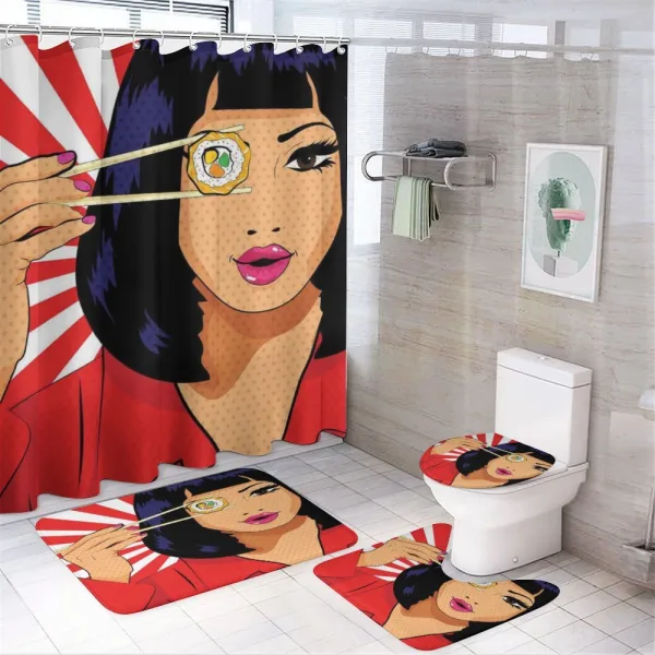 Pop Art Style Girl with Sushi on a shower curtain