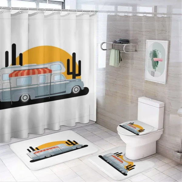 Cartoon Camper Trailer Sunset on a shower curtain