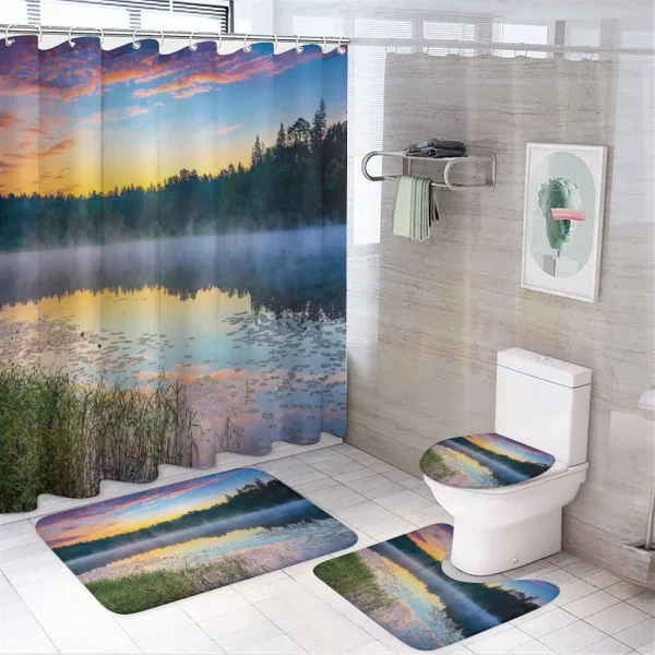 Foggy Sunset on Lake on a shower curtain