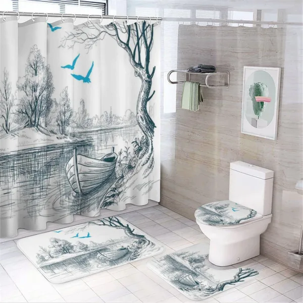 Boat on River Drawing on a shower curtain