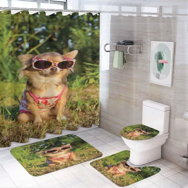 Dog with Strappy Top on a shower curtain