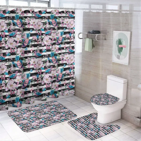 Blooming Flora Tiny Birds on a shower curtain