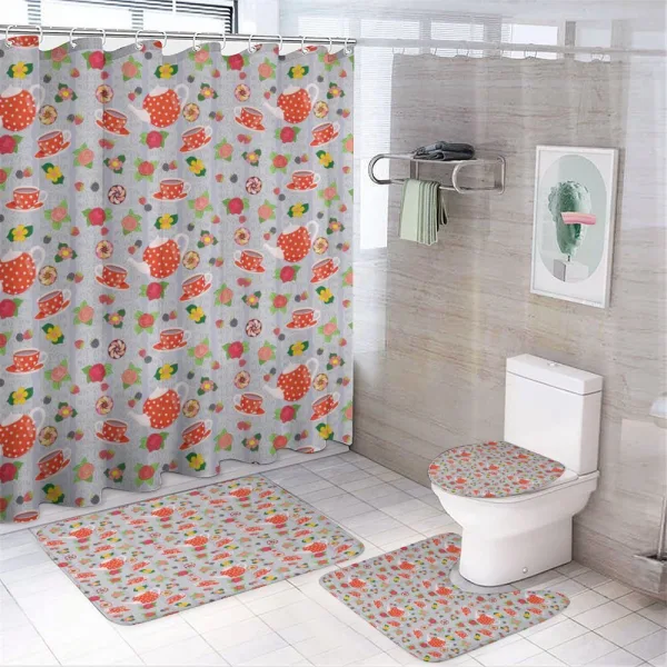 Cartoon Tea Pots Roses on a shower curtain