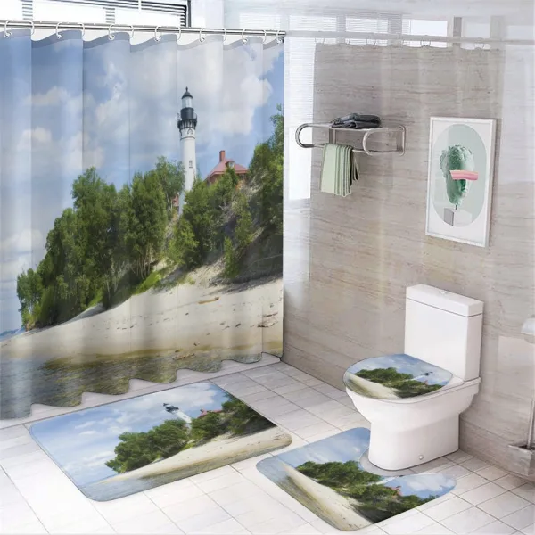 Lighthouse at Beach on a shower curtain