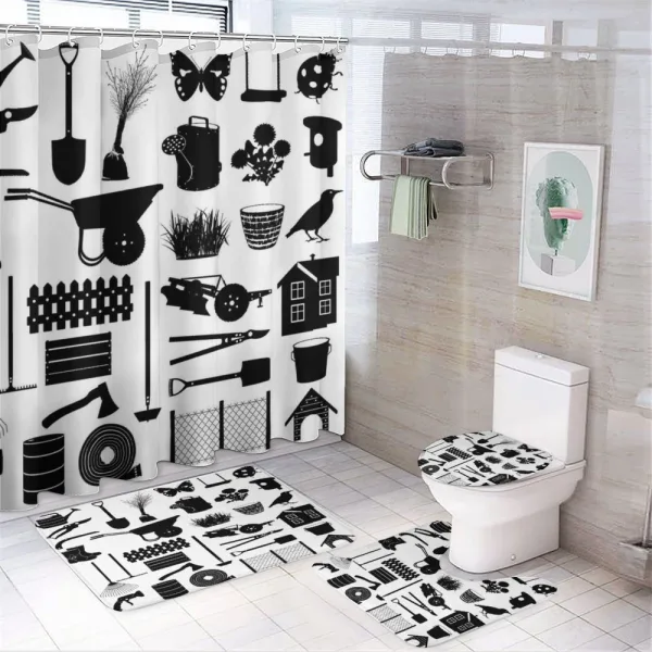 Monochrome Garden Items on a shower curtain