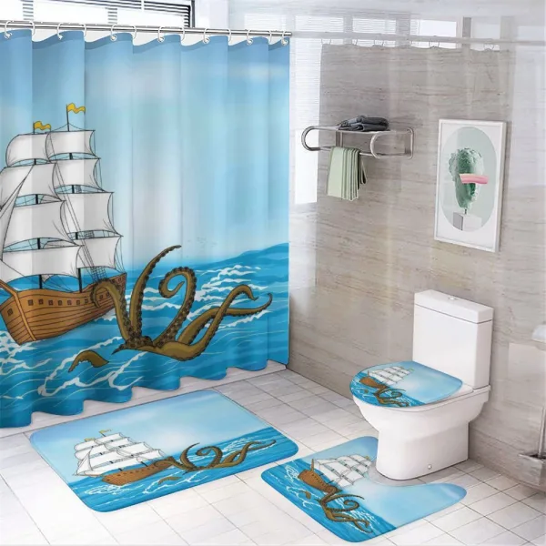 Ship in Waves and Kraken on a shower curtain